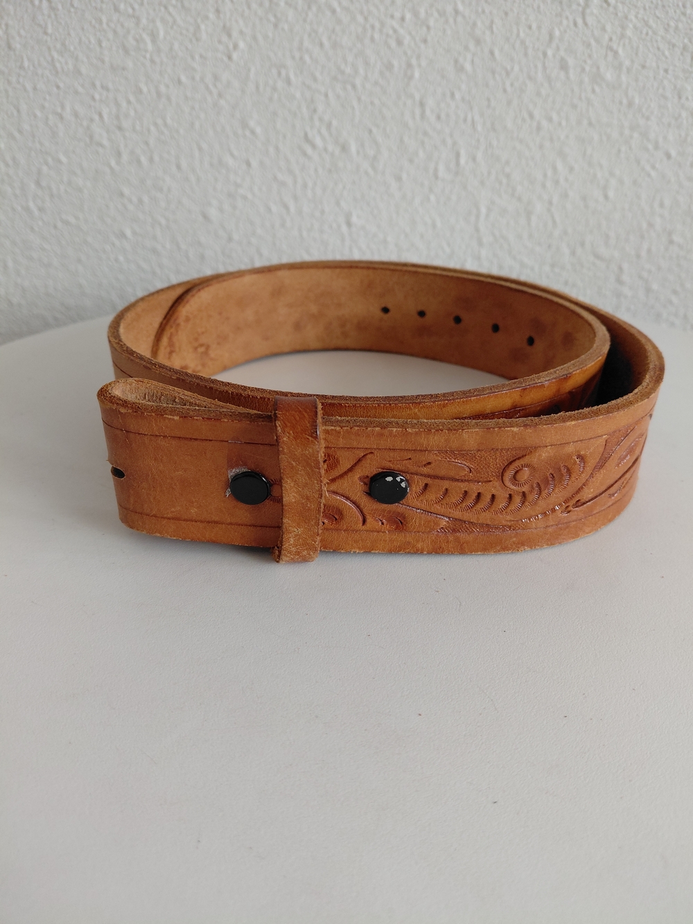 Handcrafted Floral Embossed Honey Brown Leather Belt  Without Buckle
